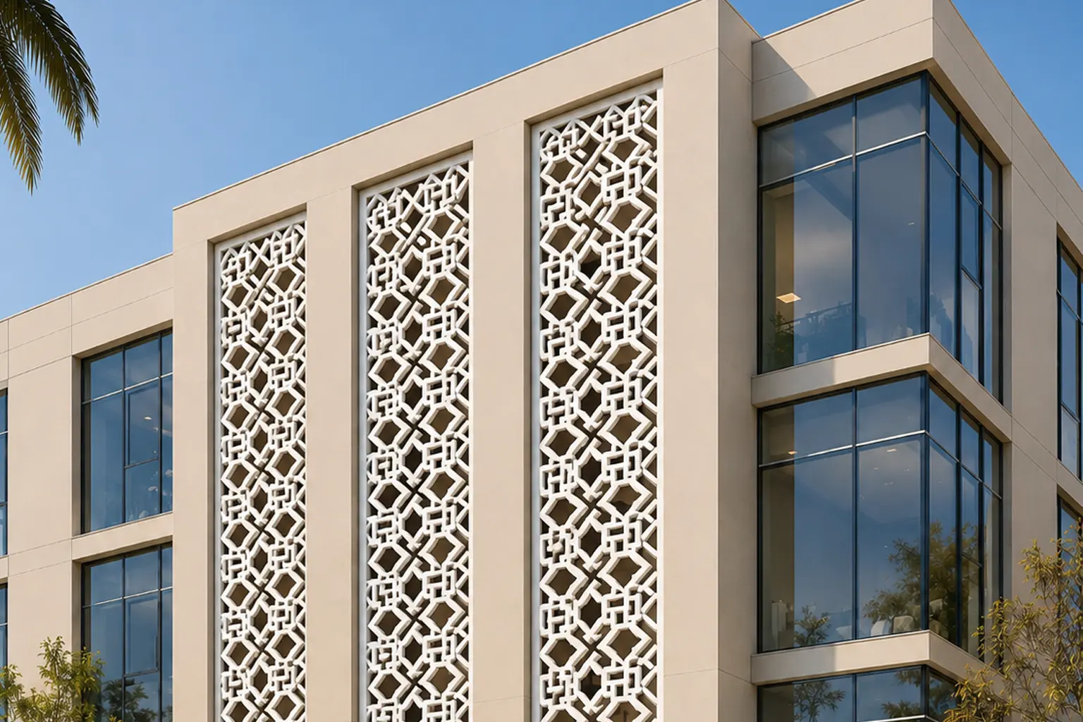 Custom UHPC jali pattern design on a premium building facade