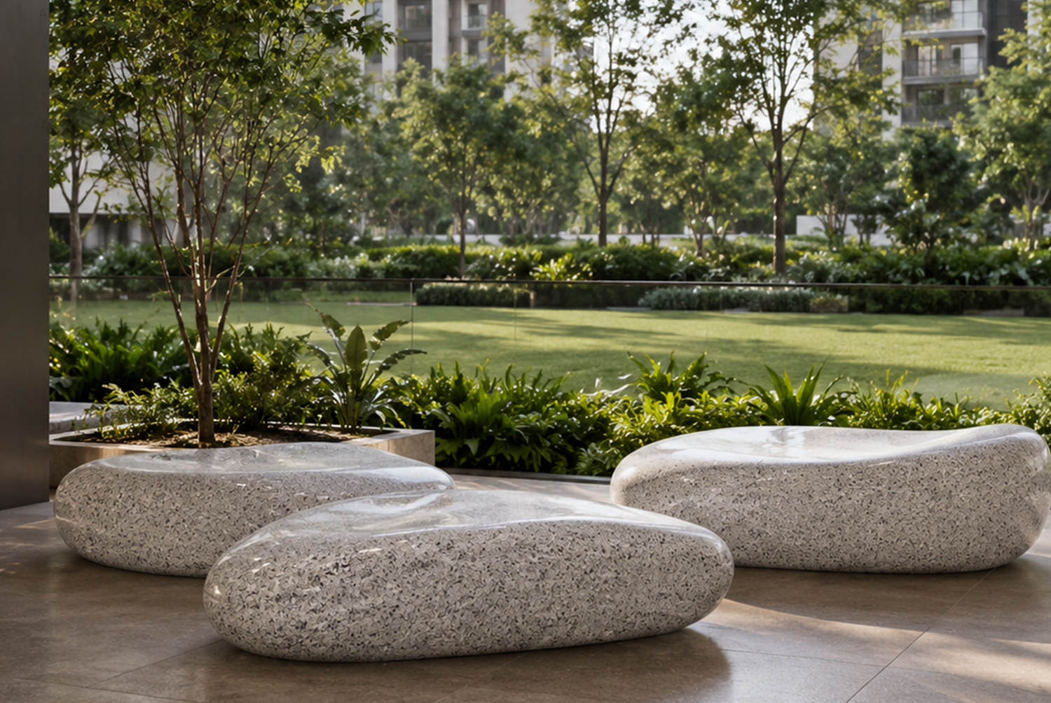 GRC architectural pebbles arranged in landscape clusters and garden settings