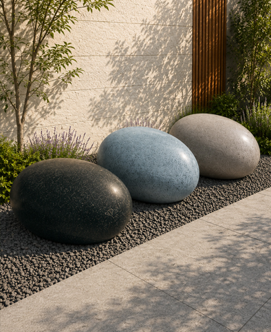 Sculptural GRC pebble seating and planters in a premium outdoor landscape