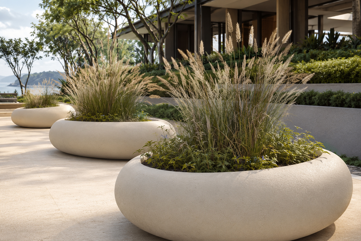 GRC pebble planters for garden and podium landscape settings