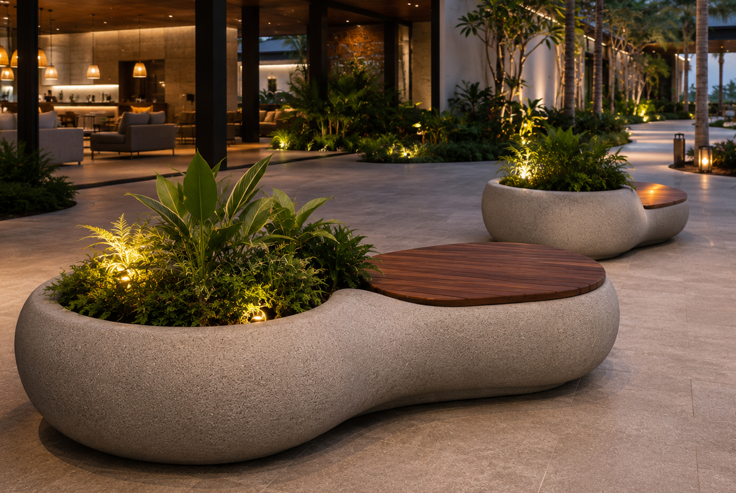 Integrated GRC seating and planter pebble combinations for outdoor spaces